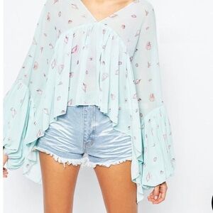 Wildfox Light Teal Floral Blouse. Boho